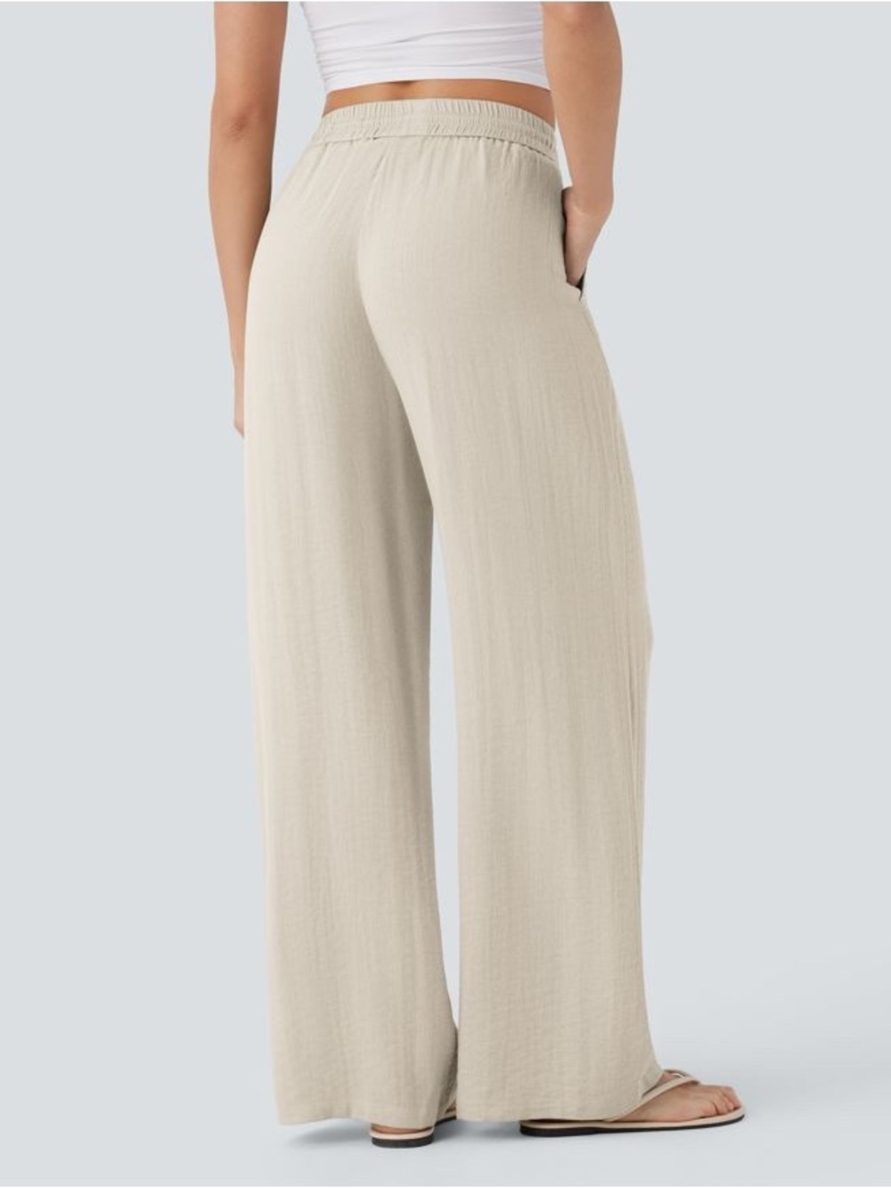 HALARA High Waisted Drawstring Pocket Wide Leg Baggy Casual Linen-Feel Pants - Picture 2 of 6